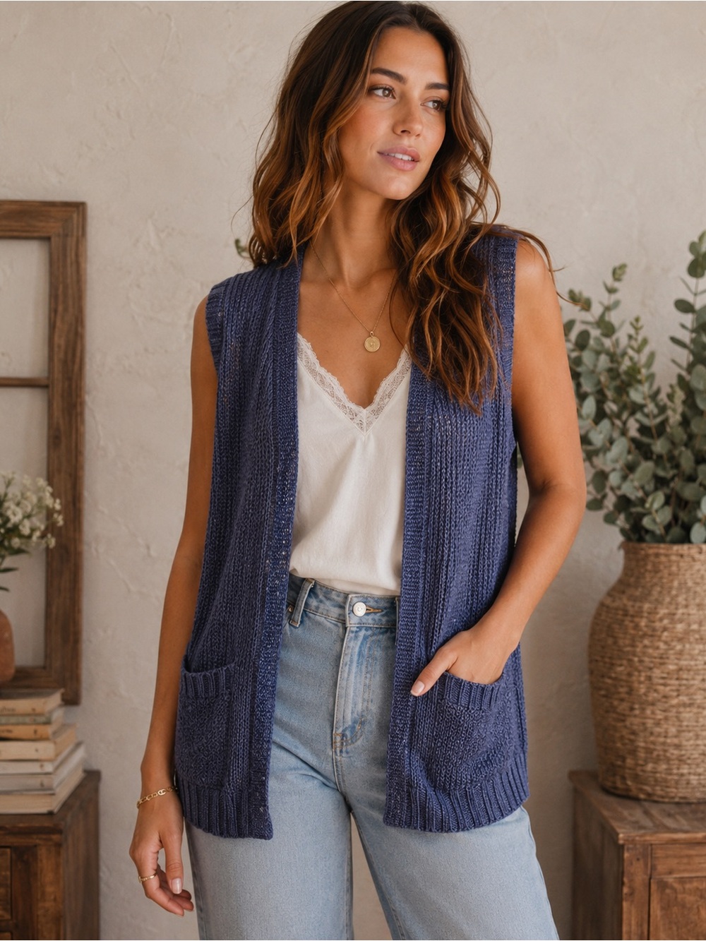Eddie Bauer Vintage‎ Blue Knit Sleeveless  Pocket Cottagecore Cardigan Vest